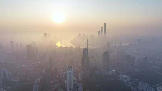 上海日出晨雾 陆家嘴日出 上海地标