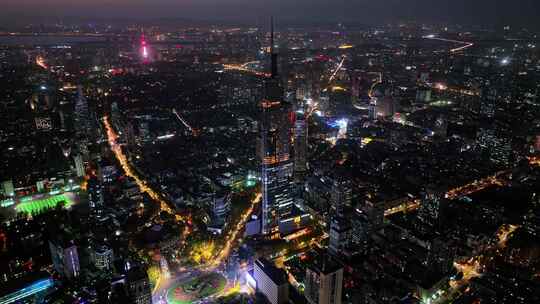 江苏南京CBD紫峰大厦建筑群夜景航拍