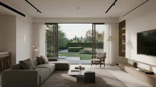 现代简约客厅落地窗花园唯美治愈场景