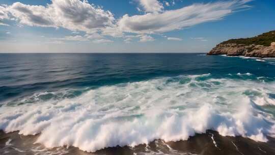 海边浪花与蓝天白云风景