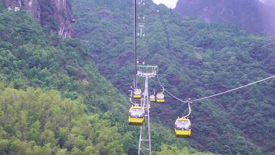 乘坐缆车景区索道观光缆车特写森林山上风景