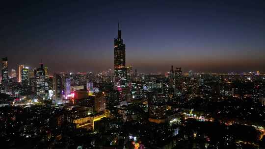 江苏南京CBD紫峰大厦建筑群日落夜景航拍