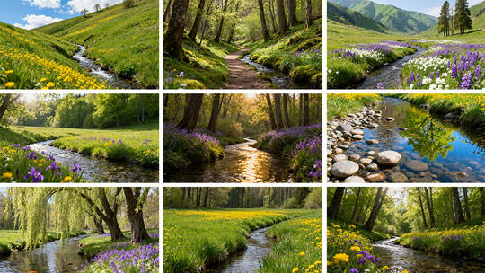 春天立春草地野花树林小溪流唯美生态