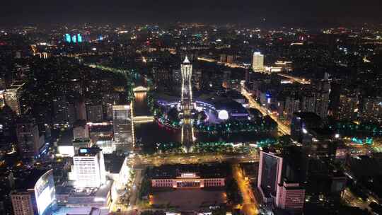 浙江杭州西湖广场夜景灯光航拍