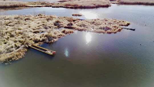 沼泽地停泊的小船湿地公园视频素材模板下载
