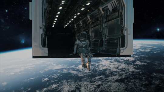 3D动画宇航员在地球上方航天器的门口放松