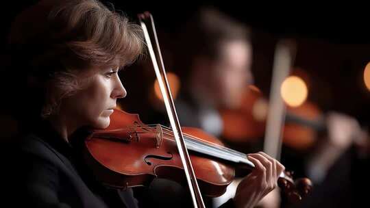 交响乐团演奏家专注投入演奏小提琴