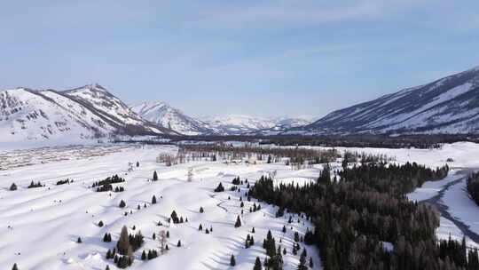 航拍新疆冬季喀纳斯神仙湾晨雾雪山森林雪景