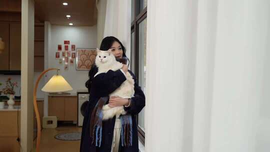 女生居家撸猫 萌宠温馨时刻