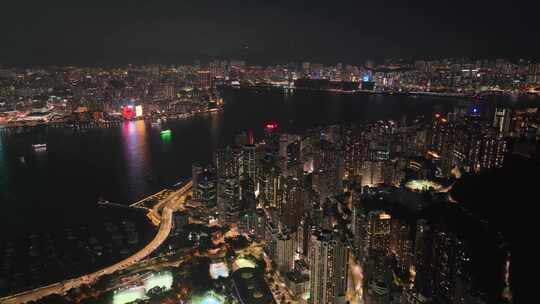 无人机航蓝调时刻香港城市夜景风光