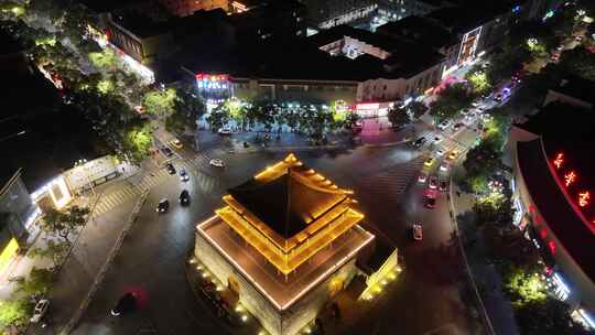 张掖鼓楼夜景地标建筑航拍