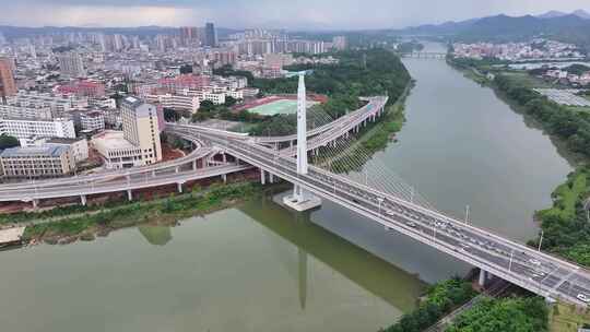 航拍福建龙岩上杭县县城汀江大桥