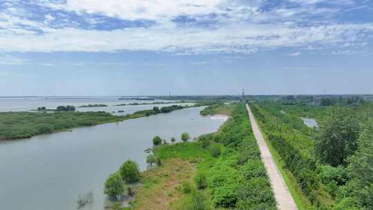 航拍湖泊堤防沿岸湖滩滩涂湿地岛屿绿洲空镜