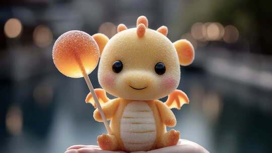 可爱小龙手持糖果的甜蜜瞬间