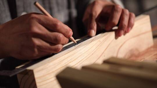 木工榫卯用尺子在木棍上做标记特写唯美画面