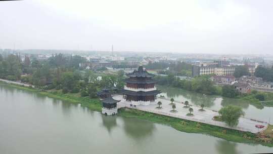 瓜洲古渡古运河边古建筑航拍全景