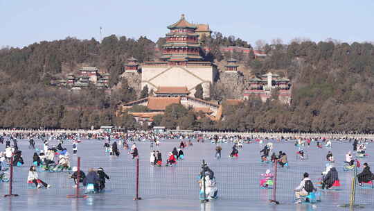 【升格】北京颐和园冬日滑冰视频素材模板下载