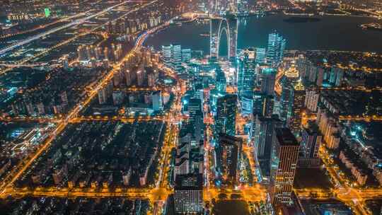 苏州金鸡湖东方之门城市夜景延时航拍