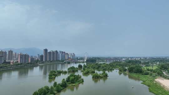 航拍陕西汉中汉江江面天汉湿地公园城市绿色