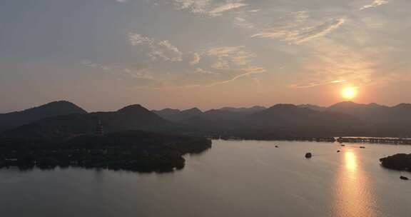 航拍杭州西湖日落美景