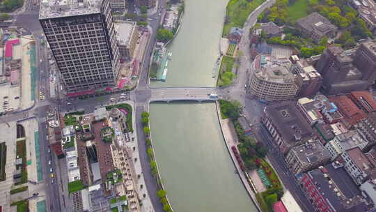 中国上海市中心天际线的鸟瞰图。城市金融区