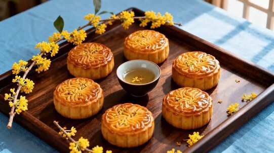 中式托盘上的广式月饼与茶具