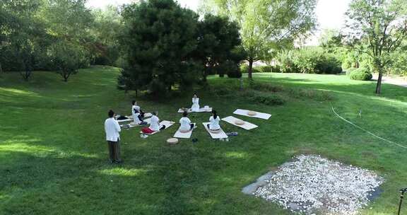 公园中人们户外瑜伽活动