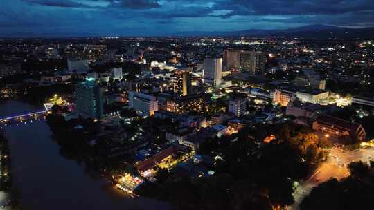 航拍泰国清迈新城城市高楼天际线夜景风光