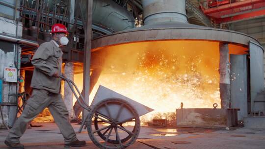 重工业熔炉钢铁工厂冶炼工人工作