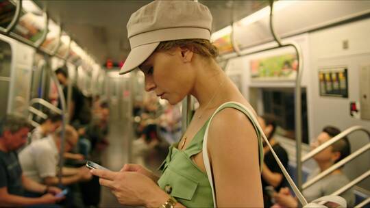 女人在纽约地铁里玩手机视频素材模板下载