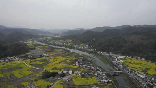 春日宣城市绩溪县瀛洲村风光航拍素材