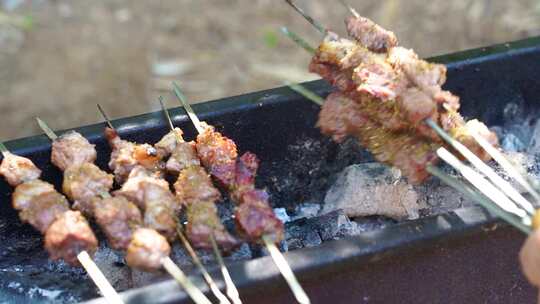 中国烧烤中式美食羊肉串牛肉串在烤架上翻烤