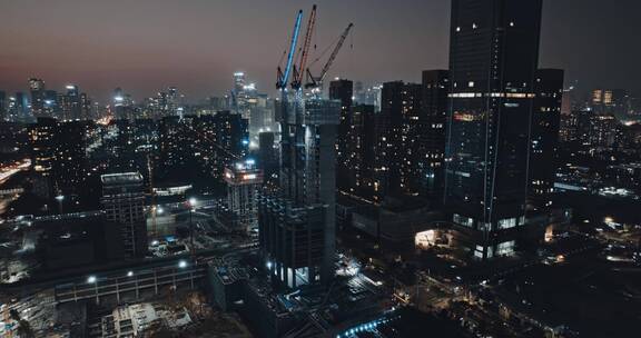 航拍深圳湾超级总部建设进展夜景