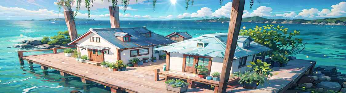 海边小屋海水阳光木屋8k活动大屏