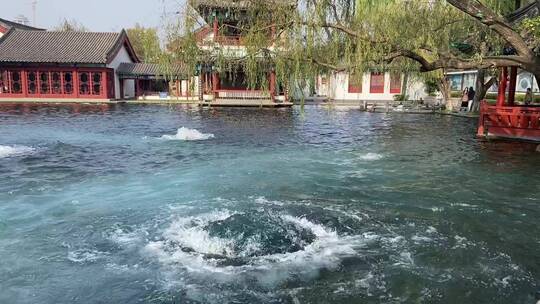 济南百脉泉景区，名泉水喷涌势头强劲