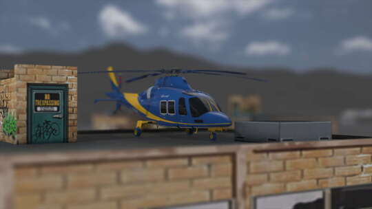 直升机准备在城市一栋建筑的屋顶上飞行4K