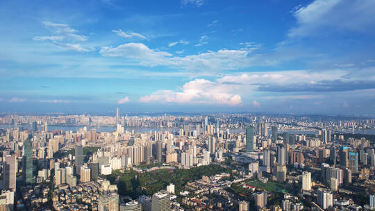 航拍蓝天白云武汉城市全景市中心高楼建筑群