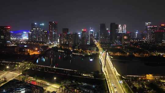 四川成都府河夜景桥梁航拍