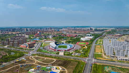 中国吉林梅河口体育公园城市风景航拍