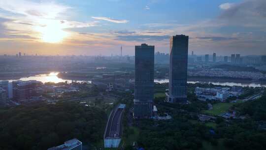 中国广东广州生物岛日落夜景航拍