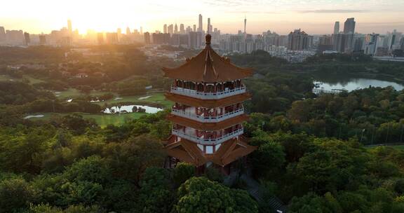 广东省广州市麓湖公园鸿鹄楼日出航拍