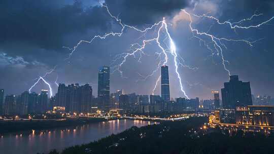 城市上空的闪电电光火石电闪雷鸣雷电暴雨