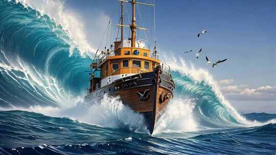 乘风破浪渔船航行海洋捕鱼海浪颠簸