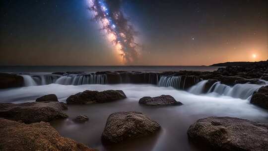 海边星空下的岩石与流水