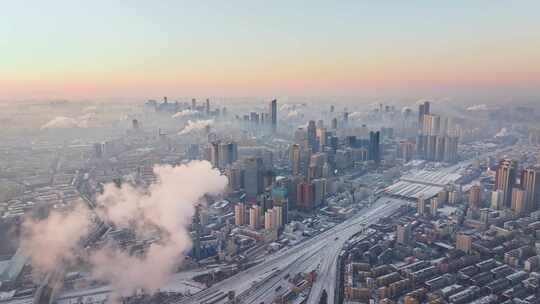 辽宁沈阳冬季清晨城市航拍全景视频素材模板下载