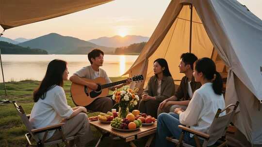 多人户外露营围坐弹吉他