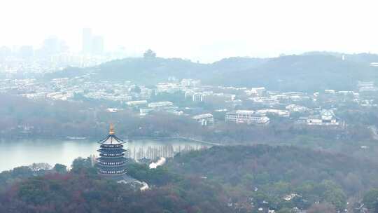 中国杭州西湖雷峰塔烟雨江南航拍