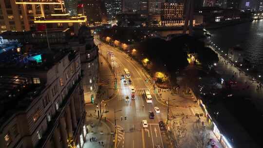 上海夜景航拍外滩南京东路黄浦区城市夜晚风