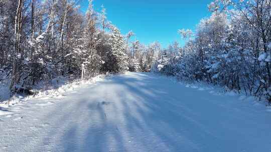 冬季林区交通林间道路山路雪路冰雪路面