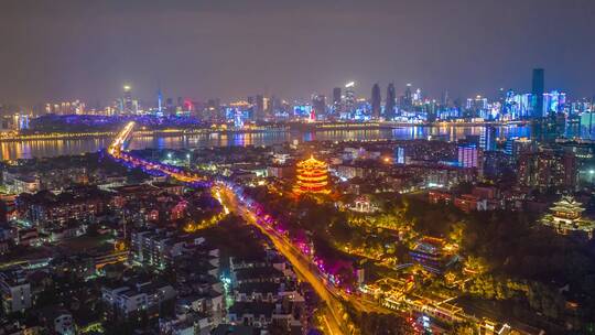 【正版素材】武汉黄鹤楼夜景灯光秀航拍延时